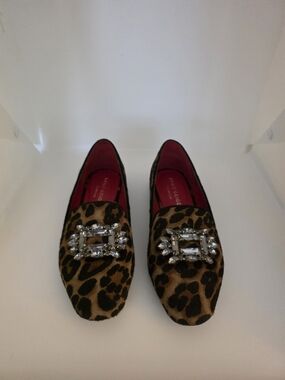 Leopard Print Crystal Buckle Women's Loafers - Brown
